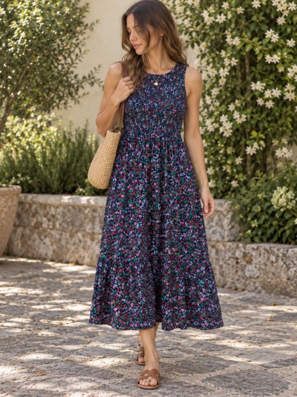 J.Crew Navy Ditsy Floral Smocked Tiered Midi Dress Size M Botanical Cottagecore
